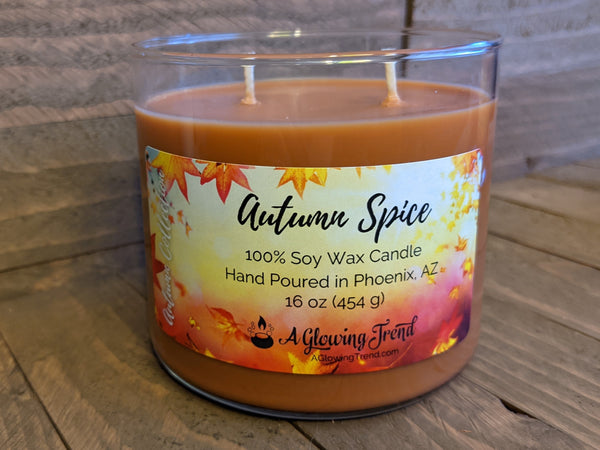 A 16 oz glass tumbler containing an orange-brown Autumn Spice scented soy candle by A Glowing Trend.