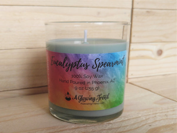 A 9 oz glass tumbler containing a light green Eucalyptus Spearmint scented soy candle by A Glowing Trend
