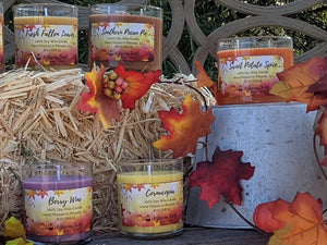 3 Autumn Collection candles  displayed on a hay bale with autumn leaves