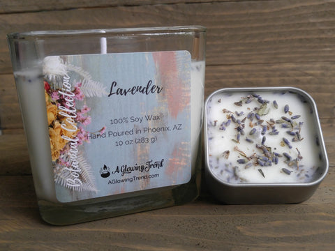Selection of white Lavender scented soy candles topped with dried lavender buds by A Glowing Trend.
