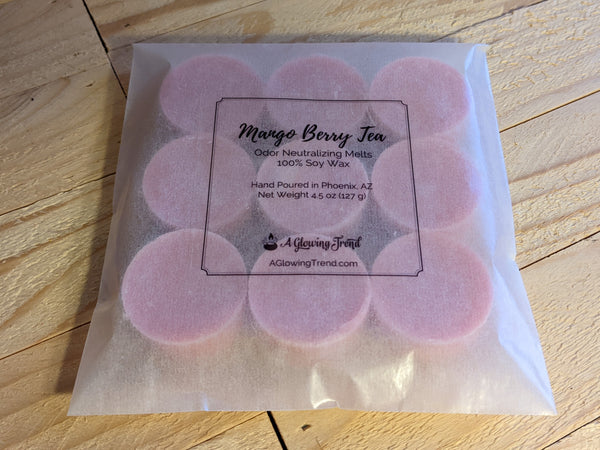 9-pack of light pink odor neutralizing Mango Berry Tea fragranced wax tart melts.