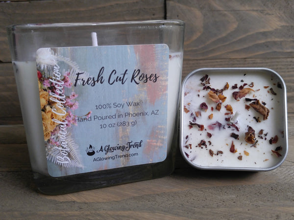 Selection of white Fresh Cut Roses scented soy candles topped with dried rose petals by A Glowing Trend.