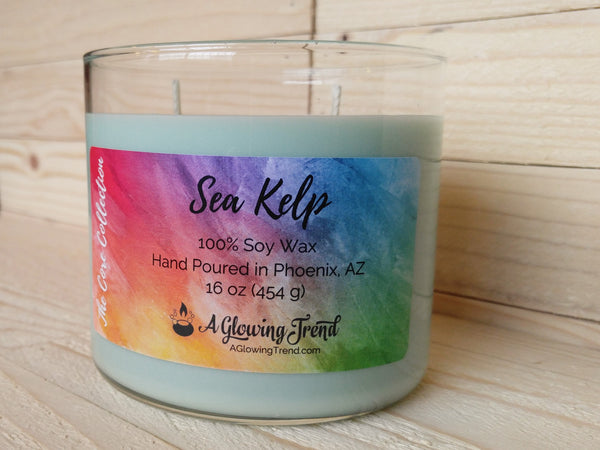 A 16 oz glass tumbler containing a light green Sea Kelp scented soy candle by A Glowing Trend
