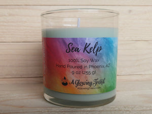 A 9 oz glass tumbler containing a light green Sea Kelp scented soy candle by A Glowing Trend