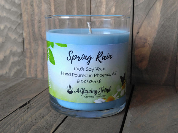 A 9 oz glass tumbler containing a light blue Spring Rain scented soy candle by A Glowing Trend.